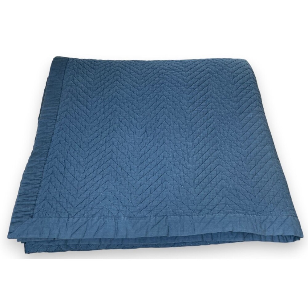 Frette King Quilt Coverlet Blue Cotton Chevron Light 106x102 Read